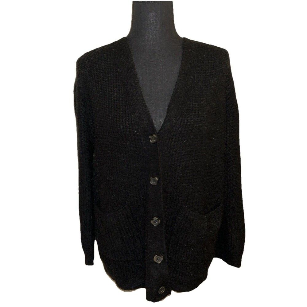 Forever 21 Medium Black Button Up Cardigan Long Sleeve Ribbed Knit With Pockets